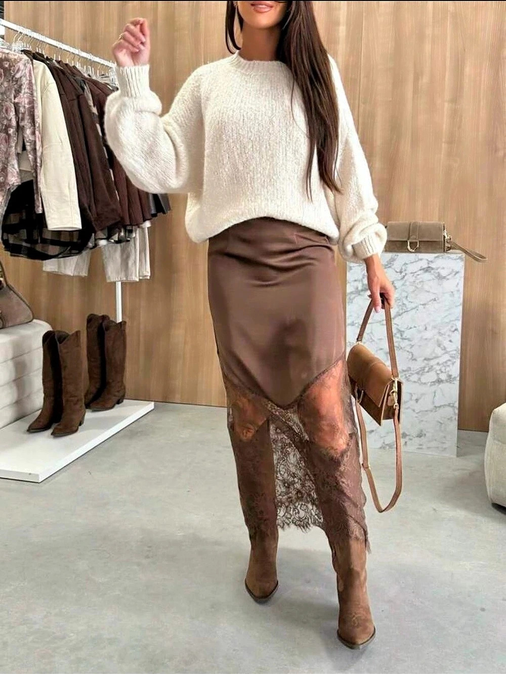 Brown Lace Panel Maxi Skirt Like New